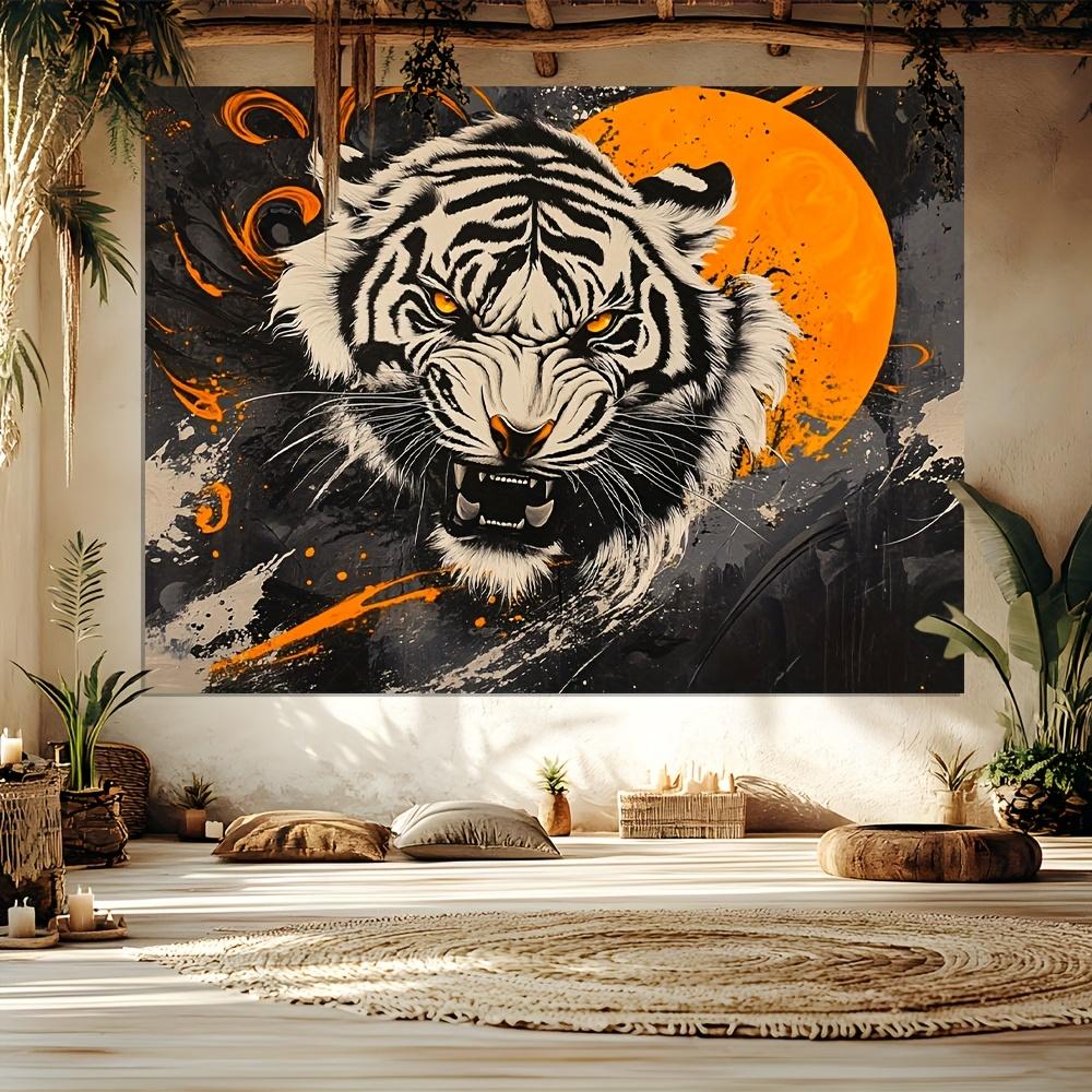 Tiger s Wrath Tapestry-a ferocious black and white beast with an orange halo Zen wilderness wall art for interior decoration 100X70CM