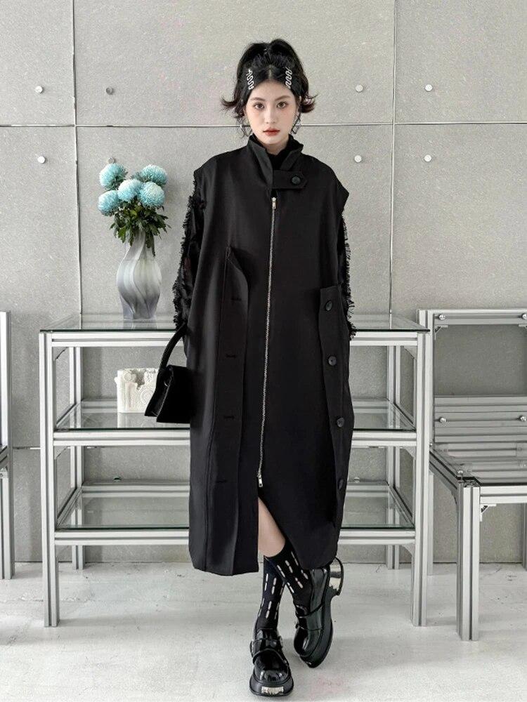 Buy Xitao Black Sleeveless Trench Coat Stand Collar Irregular