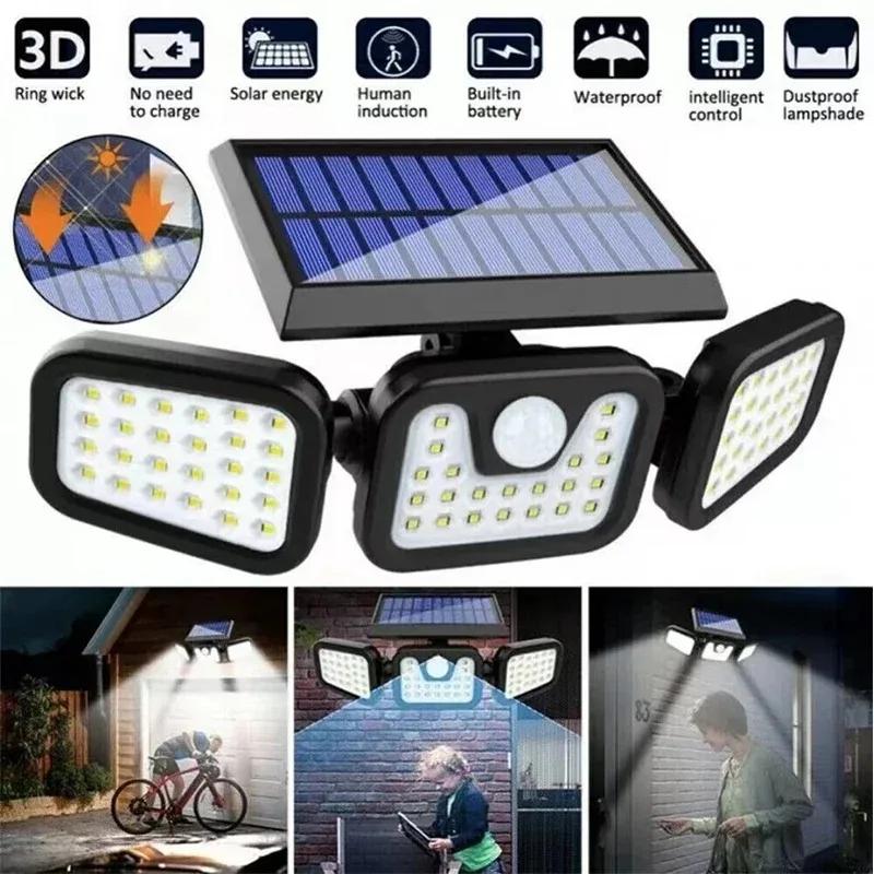 Super Bright Outdoor Solar Lights Motion Sensor Solar Lamp 3 Adjustable Lamp Heads Waterproof Solar Power Wall Garden Lantern