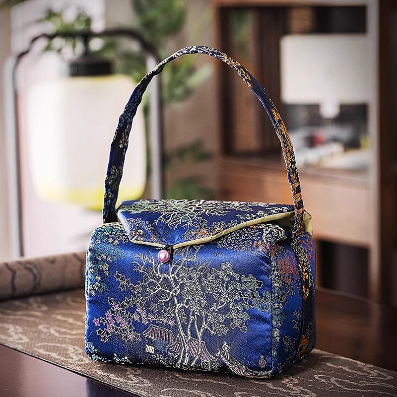 Printed Storage Bag with Cotton Lining, Small Travel Handbag Simple One-pot Two-Cup Set Teacup Bags