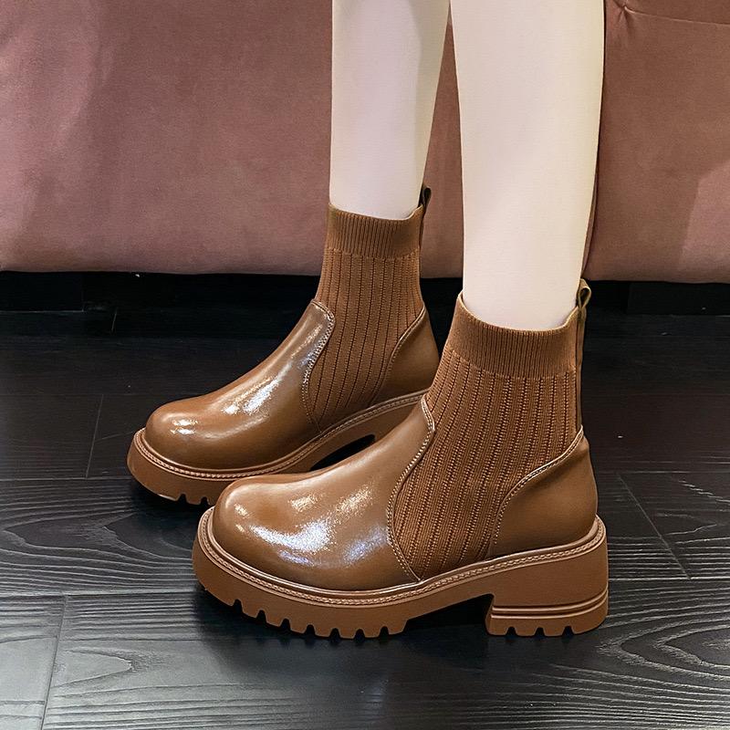 Large Size Women's Boots  New Fashionable Knitted Patchwork Fashion Boots Thick Sole Thick Heel Slimming Short Boots