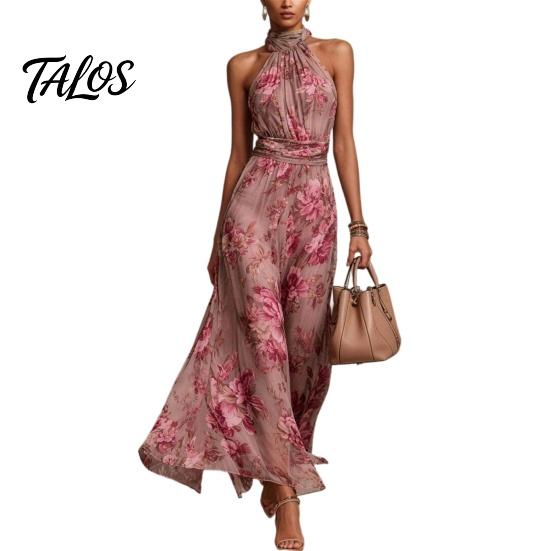 Abito Lungo in Chiffon Floreale da Donna, con Scollo all'Americana, Senza Maniche, Arricciato, Collo Alto, da Ospite di Matrimonio, Cocktail, da Sera