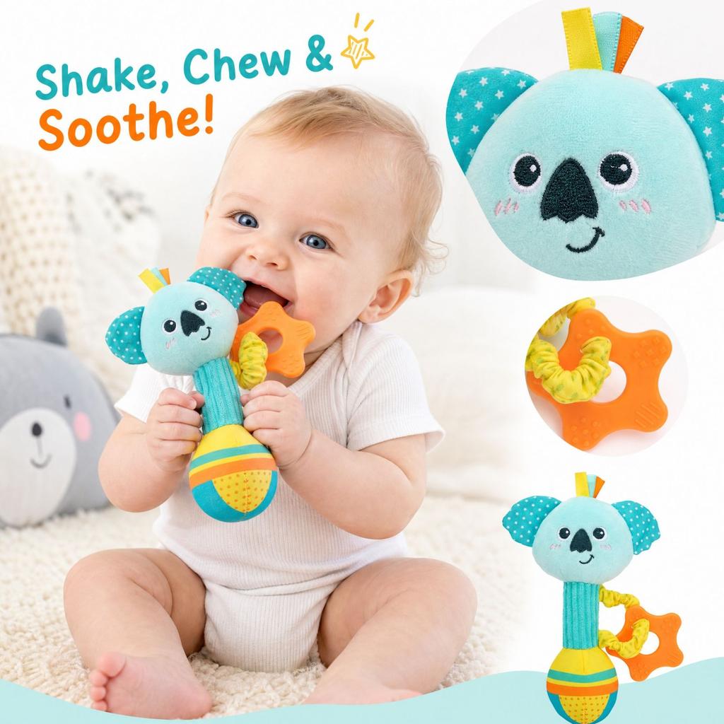 Chewable Baby Hand Rattle and Teether with Grasping Stick for and Infant Comfort Toy