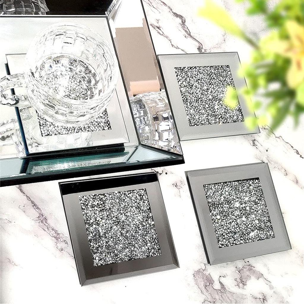 GIMORRTO Glass Mirror 4 Pieces Crushed Diamond Square Cup 4 Inch Tabletop Decor for Bar Tools and Dining Tables Coasters, Mats,