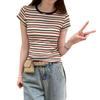 Women's American Retro Color Block Striped T-Shirt - 2025 Korean Style, Versatile Slim Fit, Round Neck