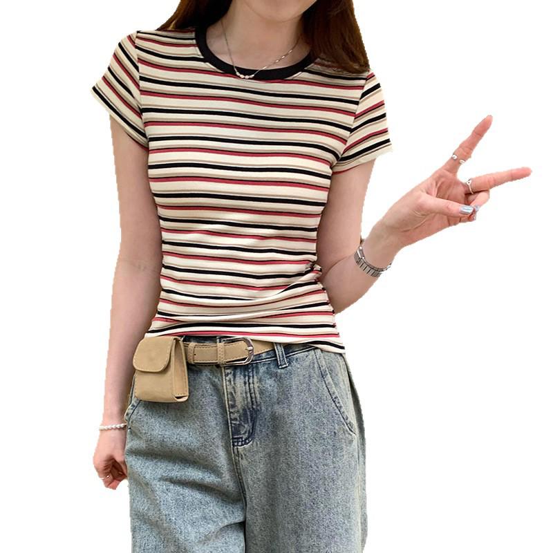 Women's American Retro Color Block Striped T-Shirt - 2025 Korean Style, Versatile Slim Fit, Round Neck