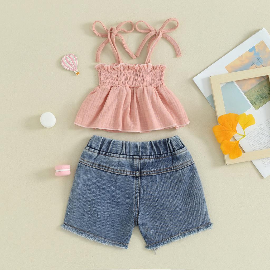 Kids Girls Shorts Set, Tie-up Pleated Camisole with Ripped Denim Shorts Summer 2-piece Outfit