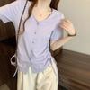 Oversized Women's Clothing Design Looks Slim Drawstring V-neck Irregular Shoulder Short Sleeved T-shirt Summer Trend
