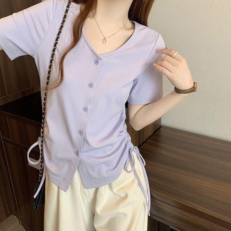 Oversized Women's Clothing Design Looks Slim Drawstring V-neck Irregular Shoulder Short Sleeved T-shirt Summer Trend