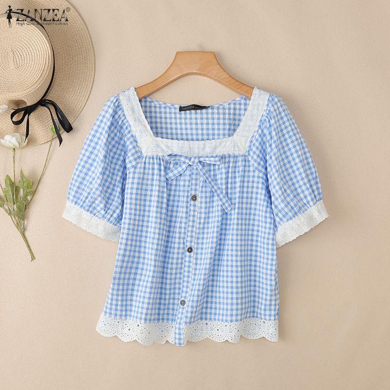 ZANZEA Women Lace Splice Square Collar Casual Short Sleeve Grid Print Blouse