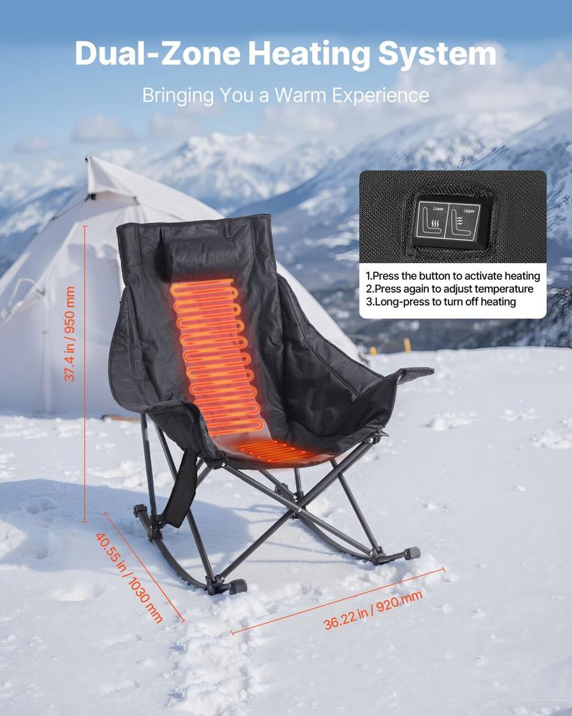 Heated Camping Chair, 3 Heating Settings, Large-Sized Padded Folding Rocker, Heavy Duty Outdoor Lawn Chairs with Pocket & Cupholder, Support 225lbs,