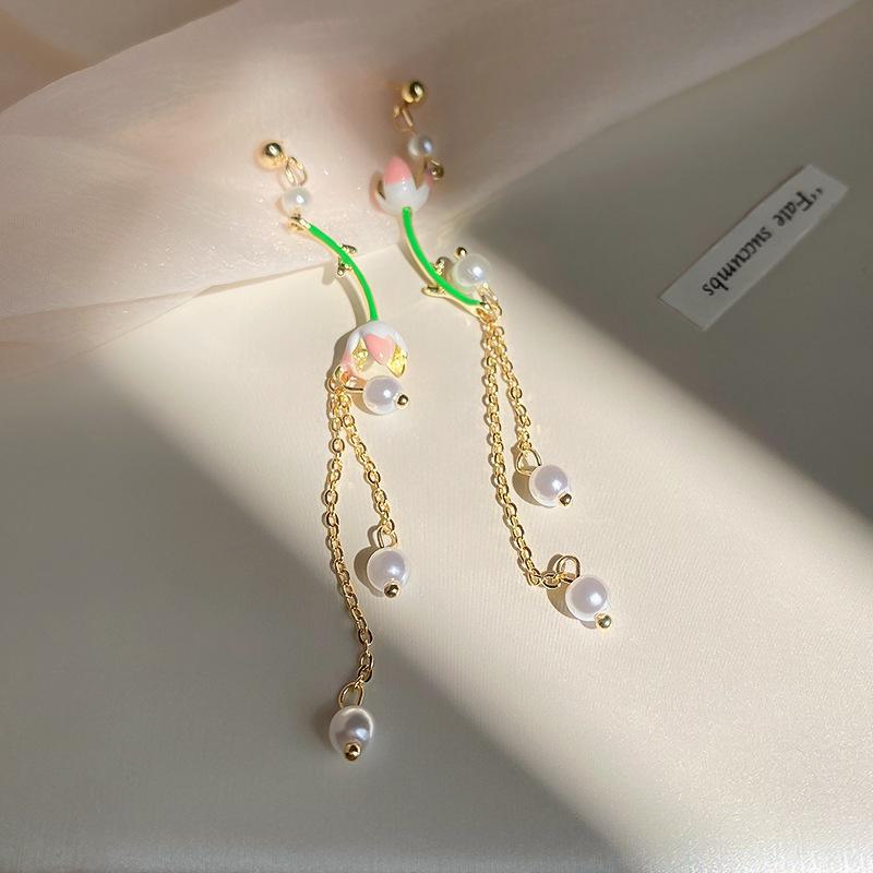 Colorful Crystal Bead & Pearl Tulip Necklace with Tassel Earrings Set