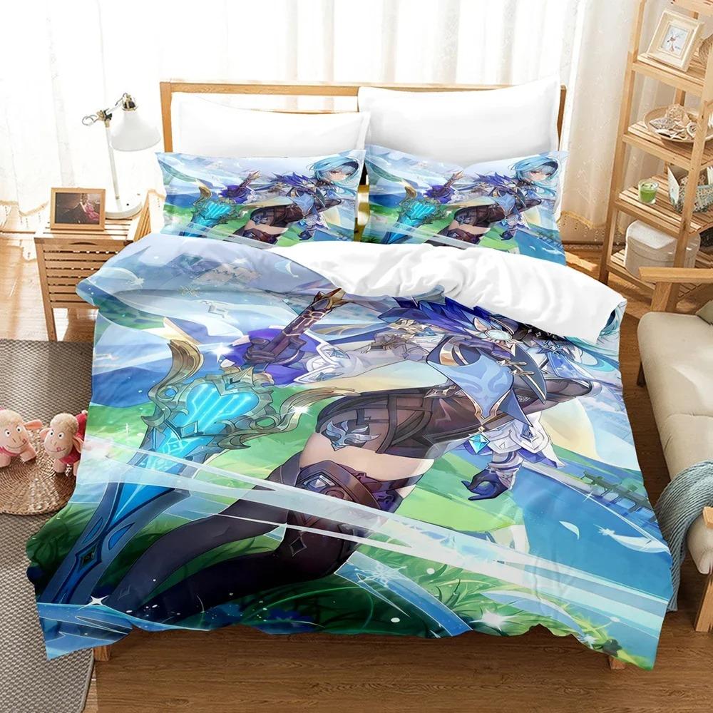 3D Printed Genshin Impact Bedding Set Winter Warm Polyester Quilt Cover Cartoon Game Design 3PCS