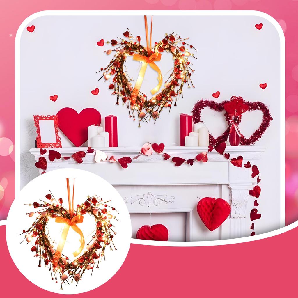 38cm Realistic Heart-shaped Floral Wreath, Valentine's Day Ribbon Pendant, Wedding Wreath Decoration.