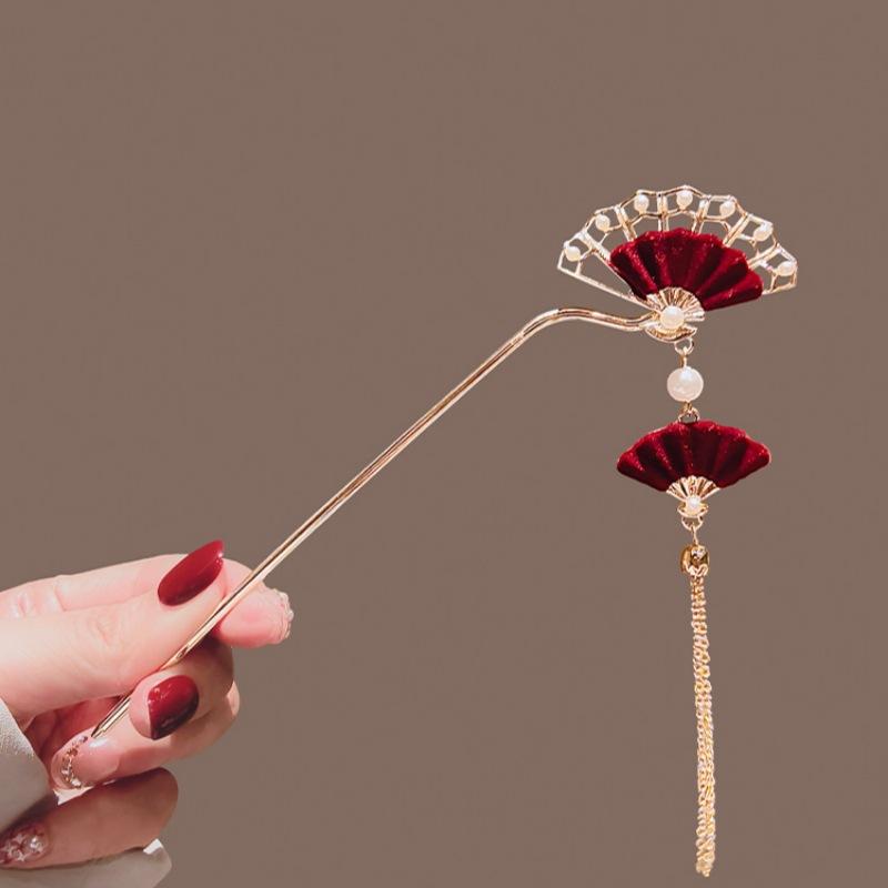 

Красная кисточка-веер в китайском стиле, палочка для волос, одежда Ханфу, палочки для волос, заколка-шарм, новые винтажные стильные аксессуары для волос для женщин