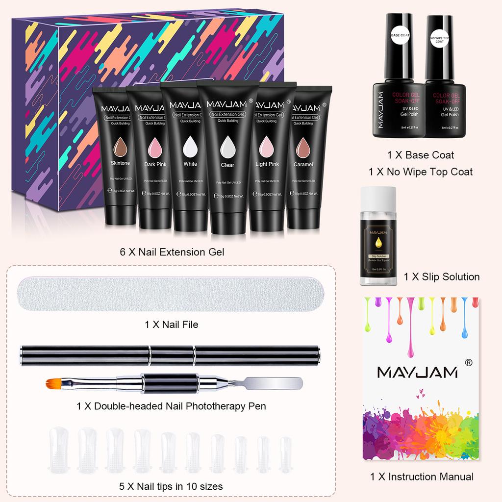 MAYJAM Nail Extension Gel Kit 15g Quick Building Set Gel Polish Nail Art Extensions Double-headed Nail Phototherapy Pen Gift Set for Manicure