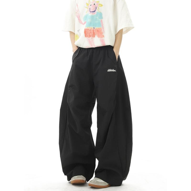 

Wasteland style hip-hop scimitar pleated wide-leg dopamine color loose drawstring casual trousers 2XL чёрный