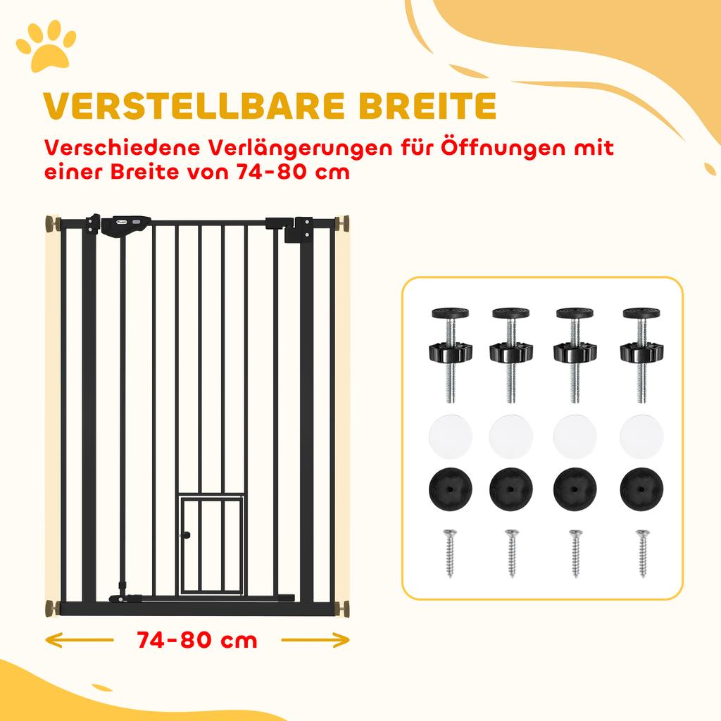 Extra Tall Pet Gate, Indoor Dog Safety Gate, with Cat Flap, Auto Close, 74-80cm Wide - Black