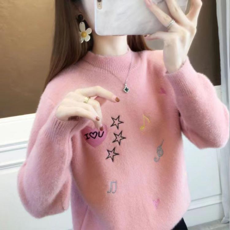 Women's Loose Embroidered Cashmere Sweater with Music Notes, Knitted Top