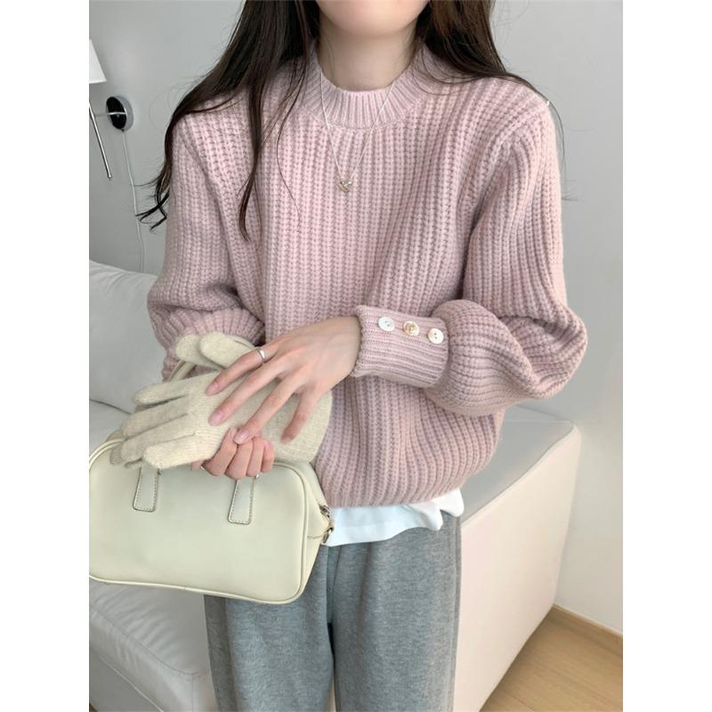 New autumn and winter solid color thickened lantern sleeve pullover sweater women's design sense fashion inside knitted sweater tide
