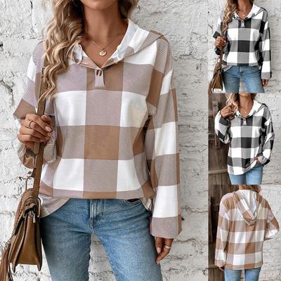 New Autumn and Winter Women's Neutral Plaid Print Loose Casual Fashion Button Hooded Long-sleeved Sweatshirt