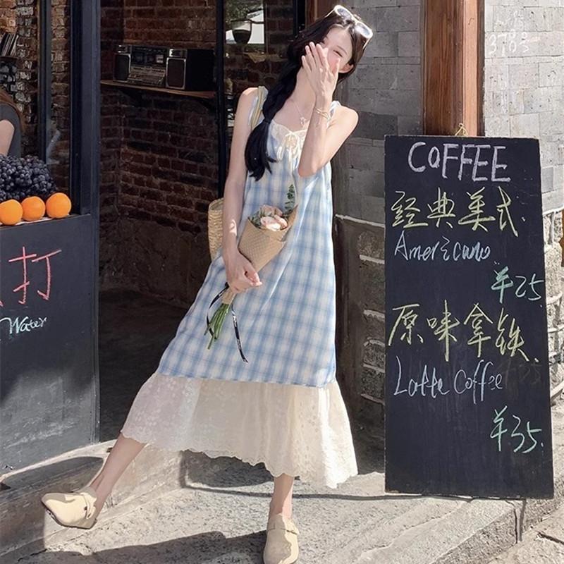 Summer New Gentle Wind Small Fresh Plaid Fake Two-piece Suspender Dress Women's Niche Design Loose Long Dress