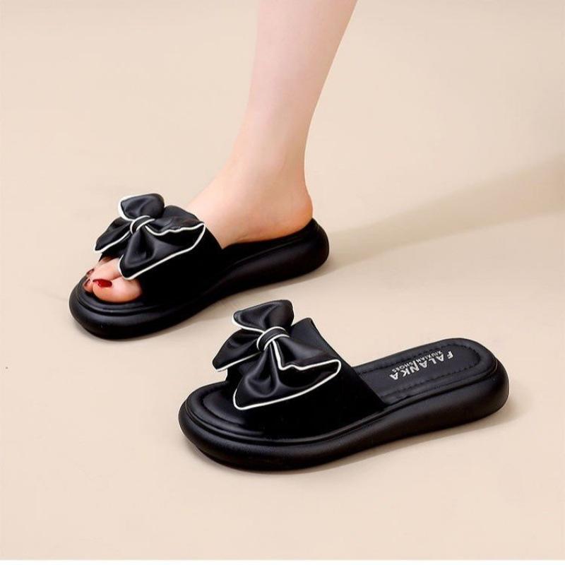 2025 New Summer Simple Flat-bottomed Bow Cool Slippers Women's Non-slip Outer Wear with Skirt Casual One-word Drag