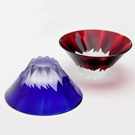 Tajima Glass Handcrafted Fuji Celebration Cup Pair Blue Fuji Wedding Respect for the Aged Retirement Gift Fuji Celebration Mt. Set, Fuji/Red