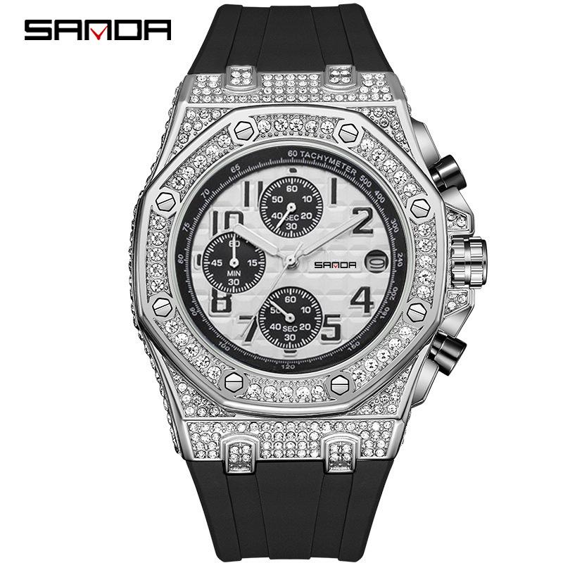 Sanda 7026 Men s Fashion Rhinestone Watch - Waterproof, Three-Eye, Six-Hand, Calendar