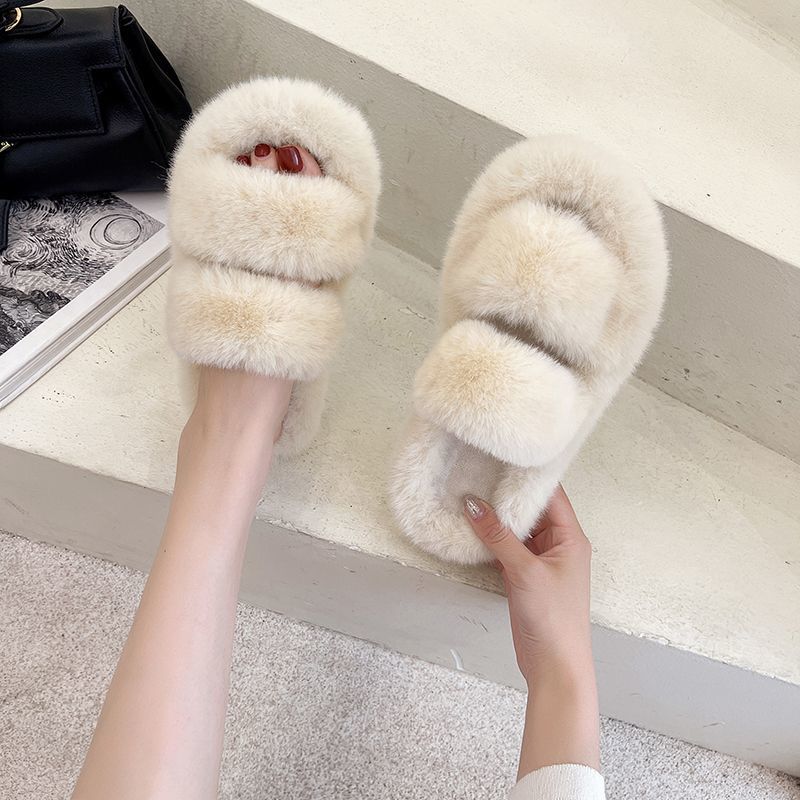 Stepping On Shit Fluffy Slippers Women's Outer Wear 2025 Autumn and Winter New Thick-soled Fluffy Shoes Black and White One-word Slippers
