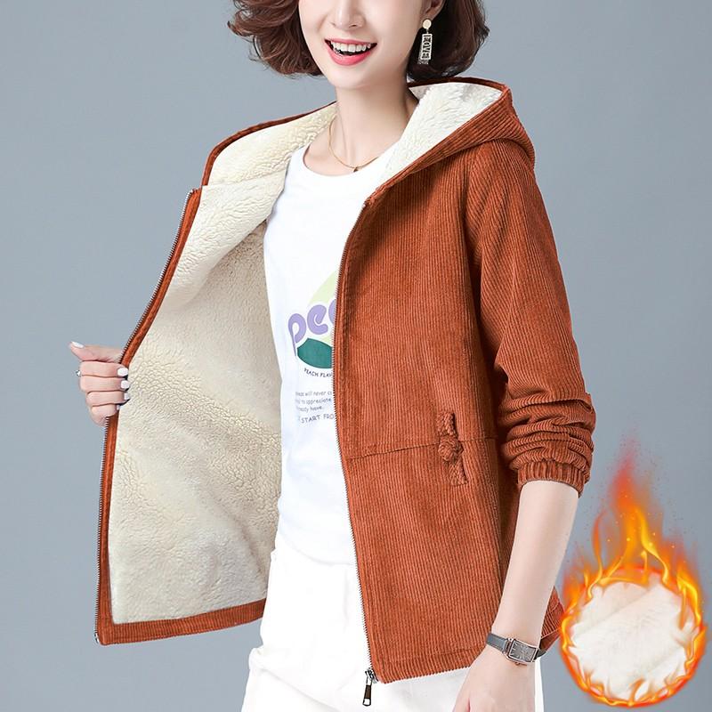 

Жіноче модне пальто з капюшоном великого розміру - теплий вельвет на флісовій підкладці, стильні довгі рукави та практичні кишені 4XL