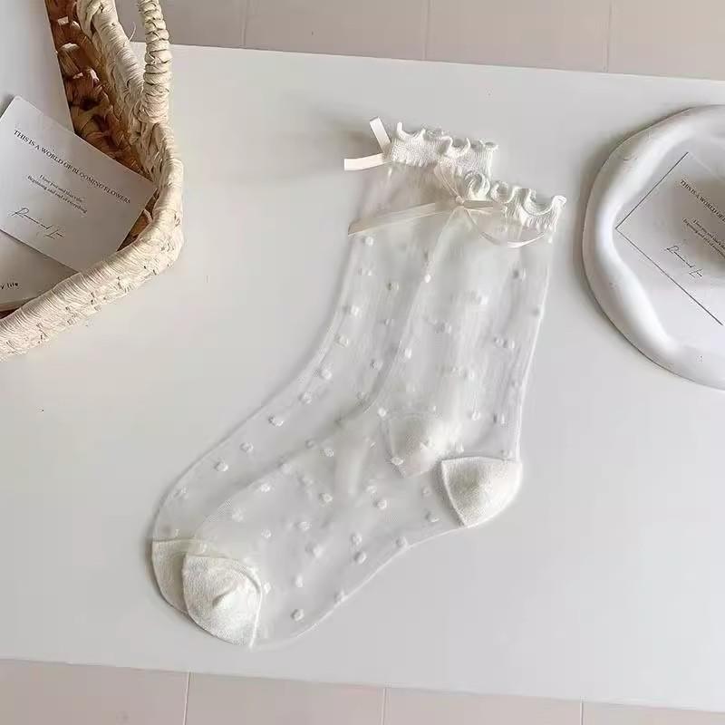 Polka Dot Fungus Edge Crystal Stockings Women'S Summer Thin Breathable Japanese Jk Bow Ballet Transparent Tube Socks