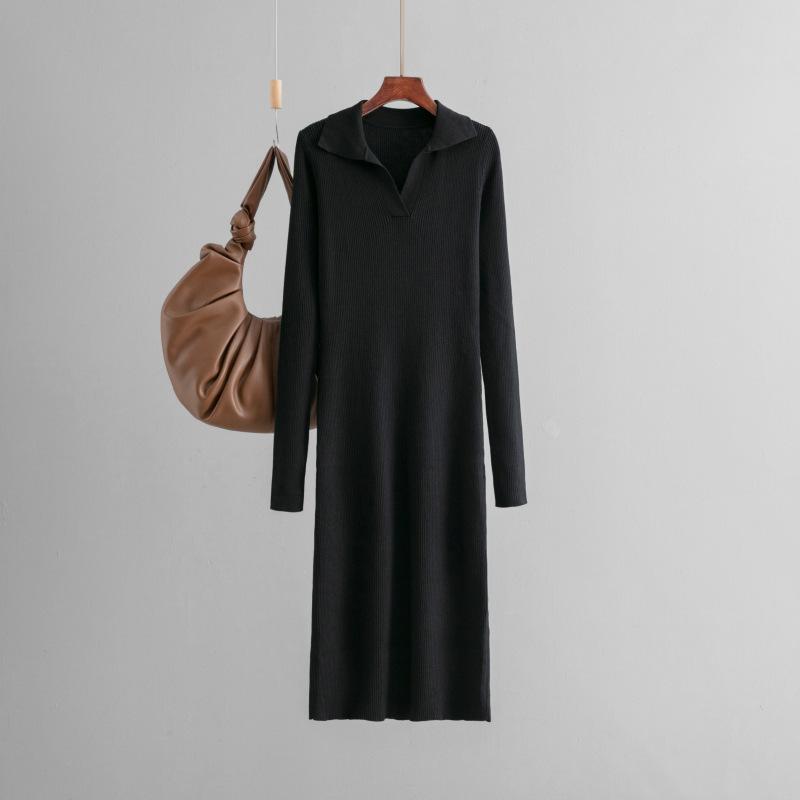 

Long autumn and winter dress, new collar knitted solid color slim-fitting and thin bottoming skirt, women s clothing one size fits all чёрный