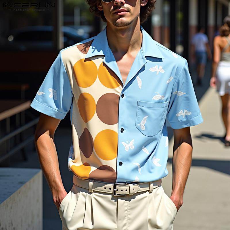 INCERUN Oversized Men Lapel Neck Short Sleeve Polka Dots Print Buttons Casual Loose Shirts Tops