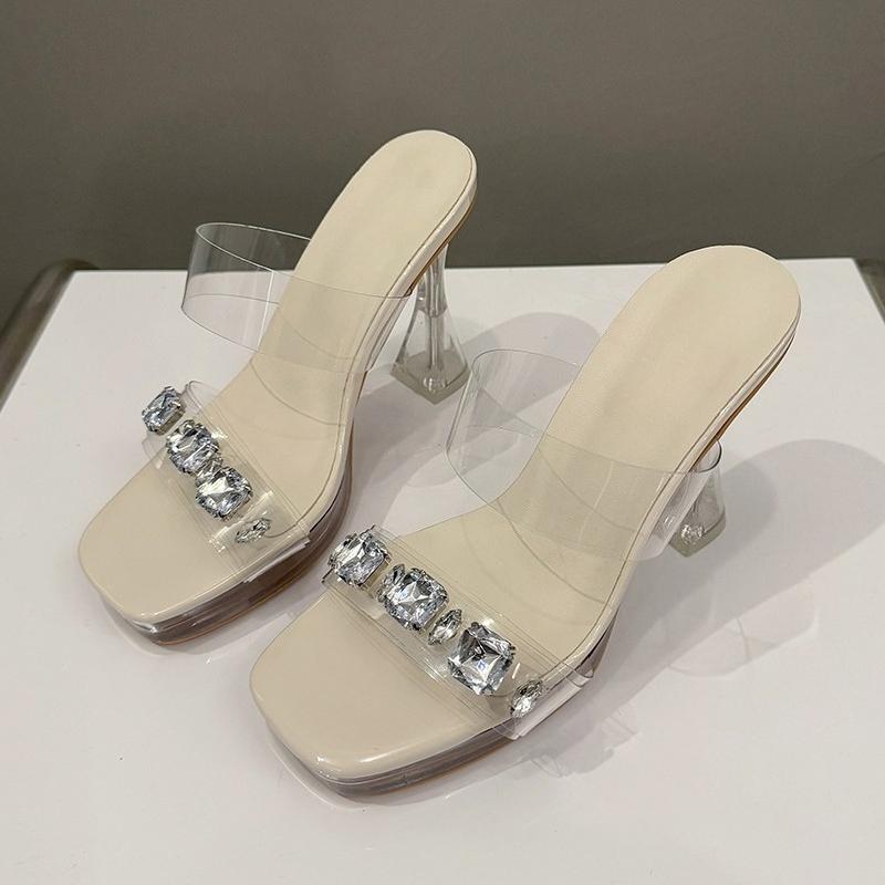 Fashion Block Heel Rhinestone Sandals Summer New Square Toe Open Toe Platform Sheer Strap Crystal High Heel Slippers