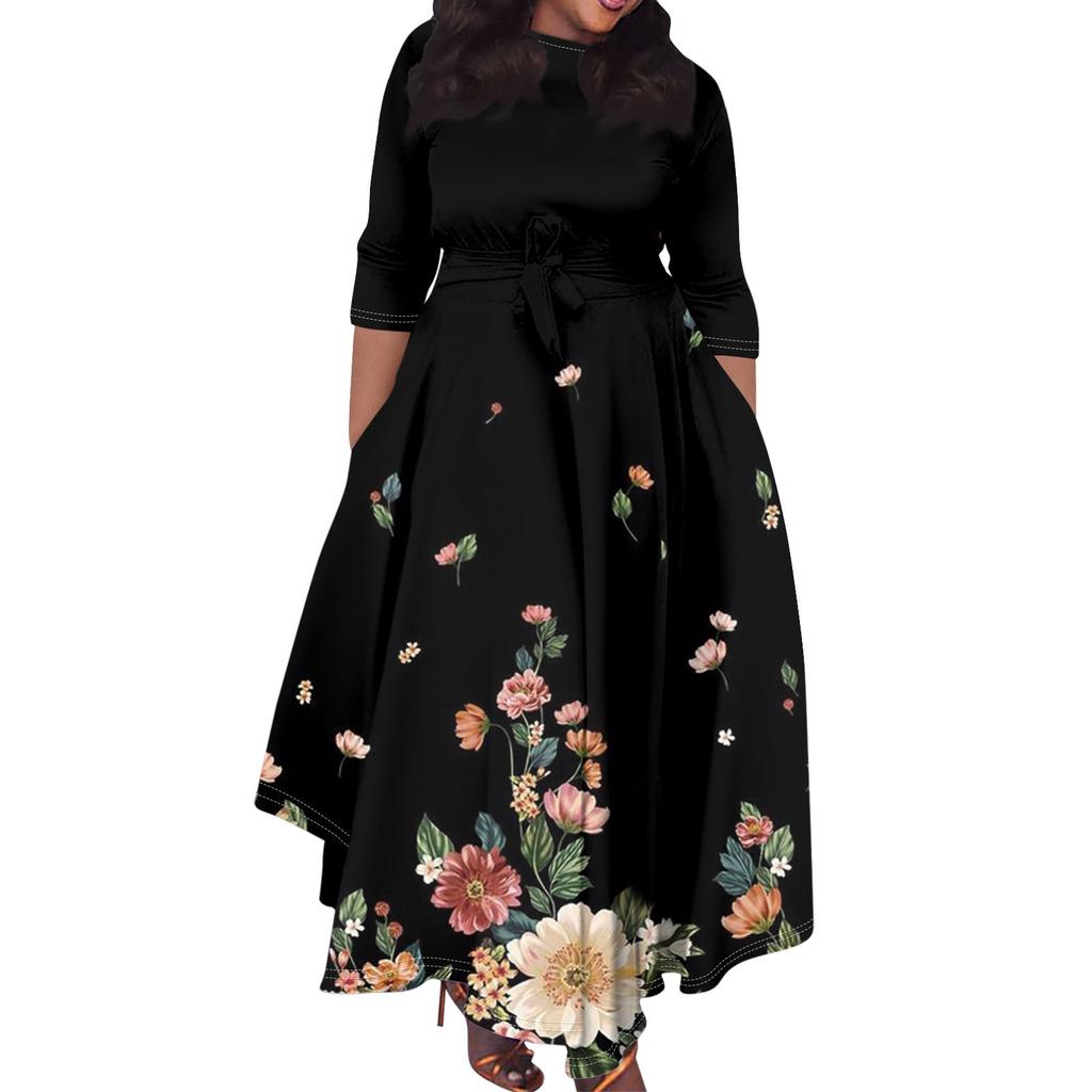 Dámská ležérní móda Velká velikost s přechodovým potiskem s kulatým výstřihem, tříčtvrtečním rukávem, popruhy na kapsy, houpací šaty