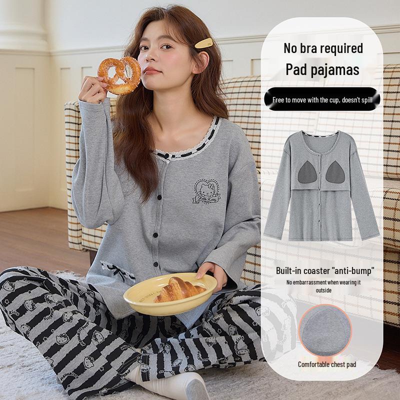 Women's Long-Sleeve One-Piece Pajamas with Built-in Bra Pad, Wearable Outside, Cute Round Neck Home Wear Set for Spring and Autumn