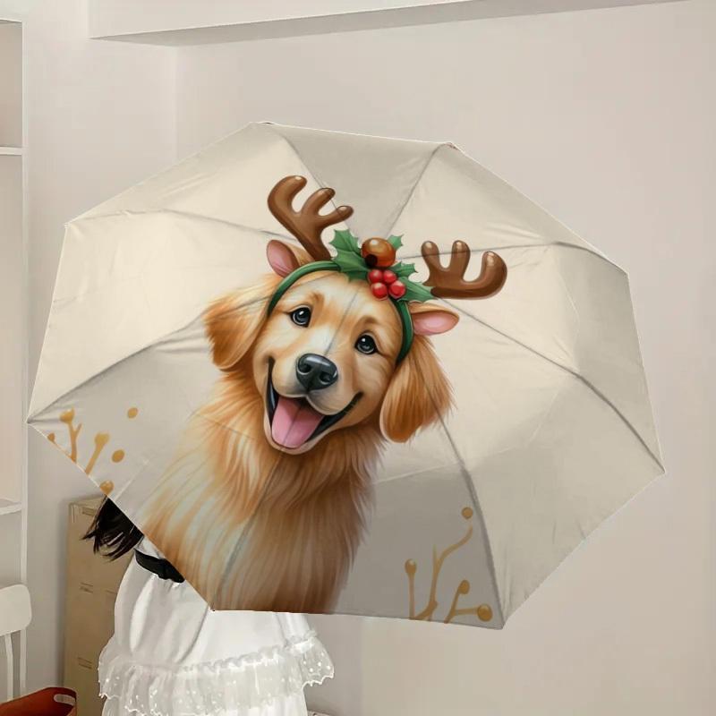 1pc Christmas Golden Retriever with Antlers Umbrella with Plastic Handle,Suitable for All Seasons Home Travel Outdoor UmbrellaDD228