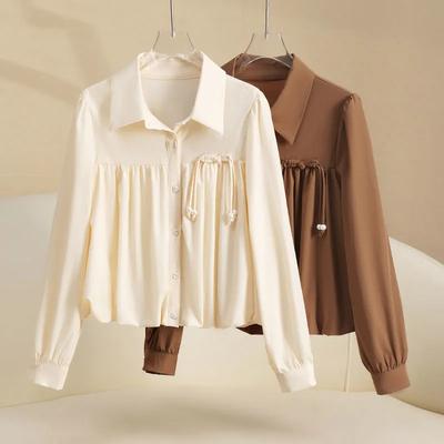New Chinese Women's Style Shirt Short Design Puff Sleeve Chic Top Waist-closed Long Sleeves