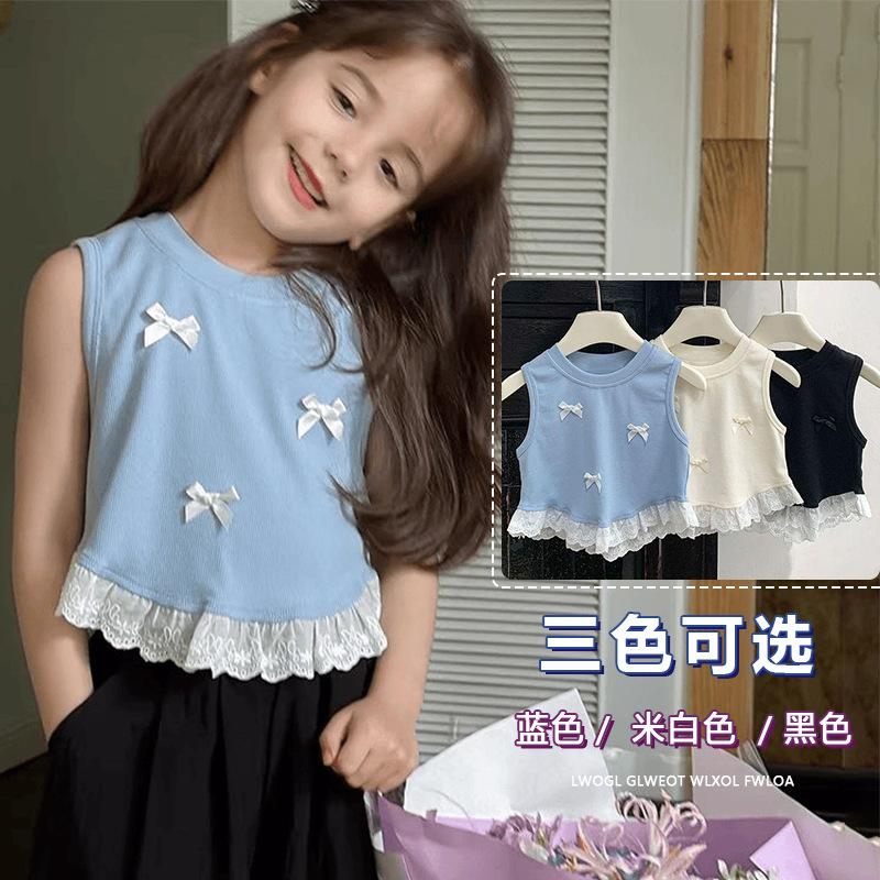 Girls Summer Sweet Bow Tie Splice Lace Sleeveless Crop Vest T Shirt Top