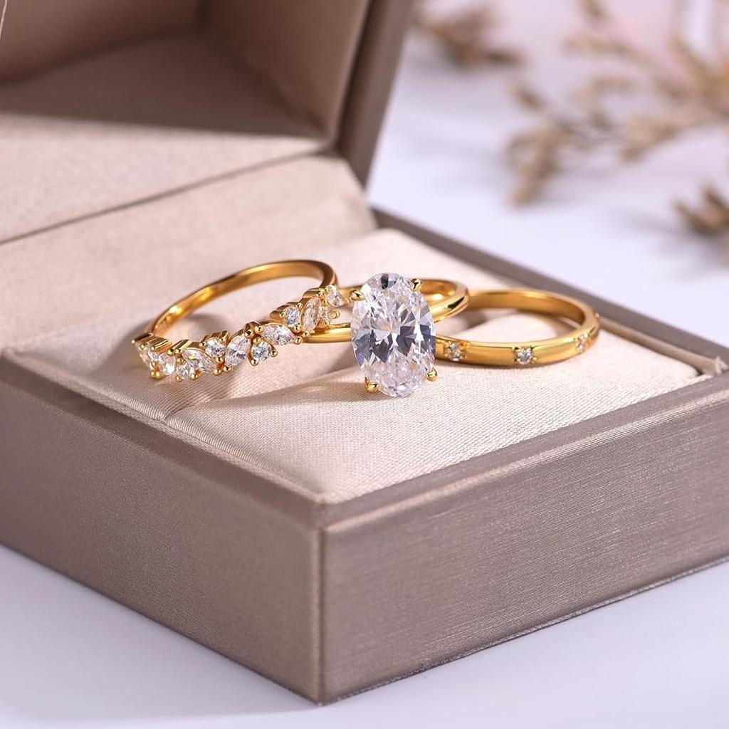 3ks oválný moissanitový svatební set 8x12mm 4,5CT - Skládané snubní prsteny Jemné šperky pro ženy, 925 stříbrné luxusní trio
