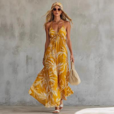 Womens Sleeveless V Neck Drawstring Tiered Maxi Dress with Leaf Print