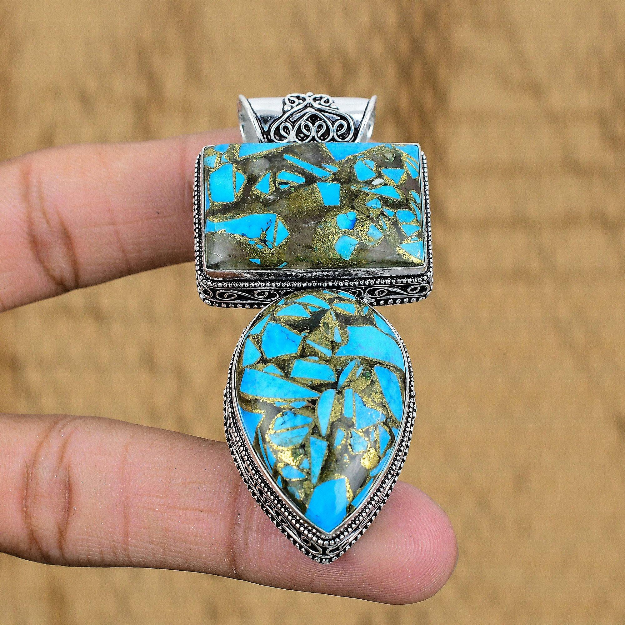 

Natural Copper Blue Turquoise 925 Sterling Silver Vintage Sister Pendant Jewelry