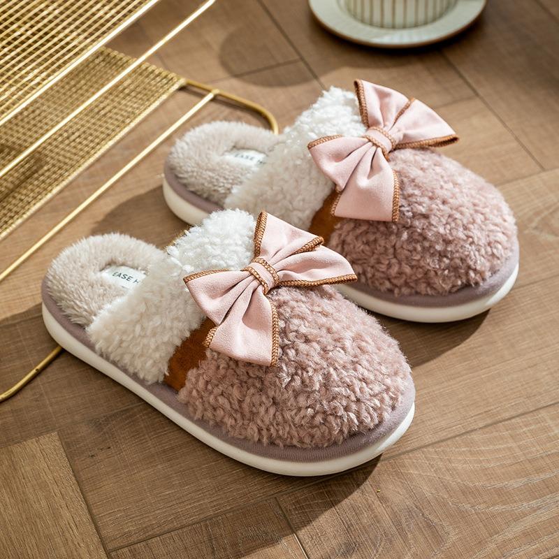 Bow cotton slippers women's autumn and winter home indoor non-slip couple home fluffy slippers warm fluffy