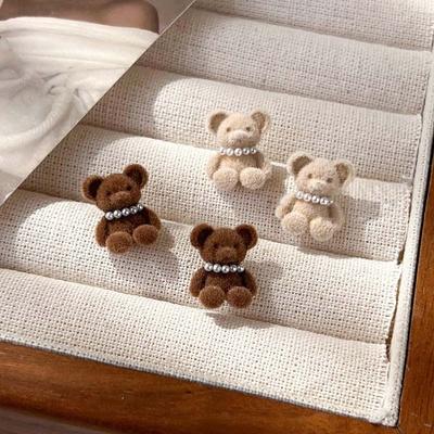 Pendientes de botón de conejo y oso flocado rosa de moda 2024 para mujer y niña, pendientes de oso pequeño con bonito animal coreano, regalo de joyería de cumpleaños