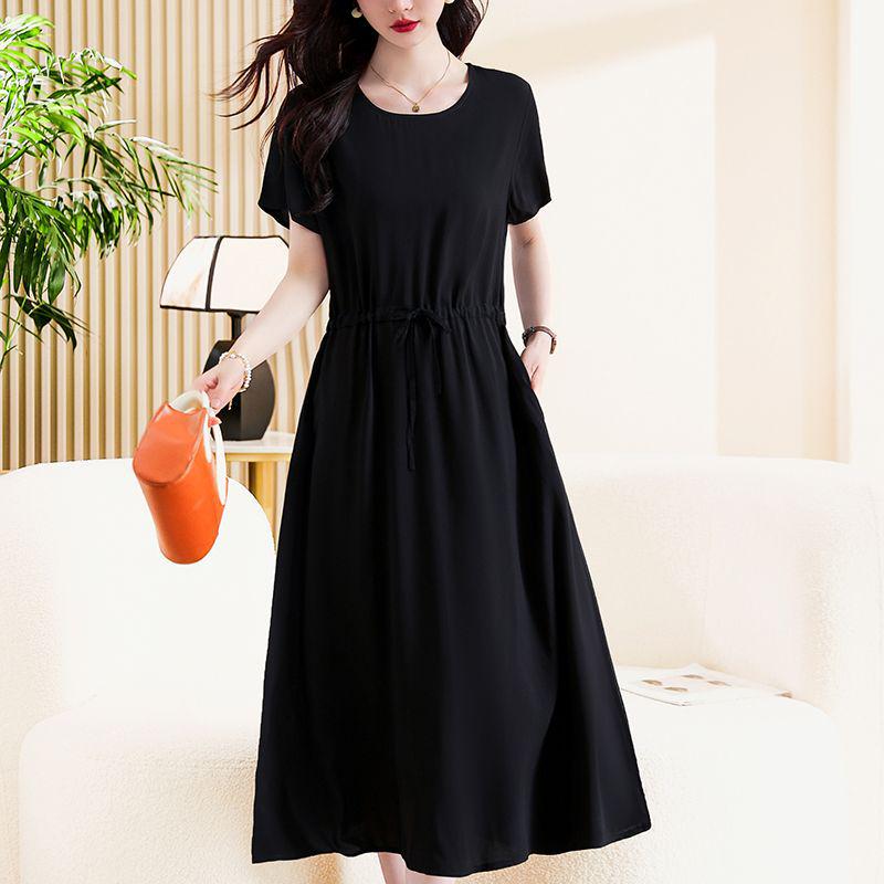 Elegant Plus Size Cotton Silk Knee-Length Dress with Waist Cinch for Middle-Aged Women