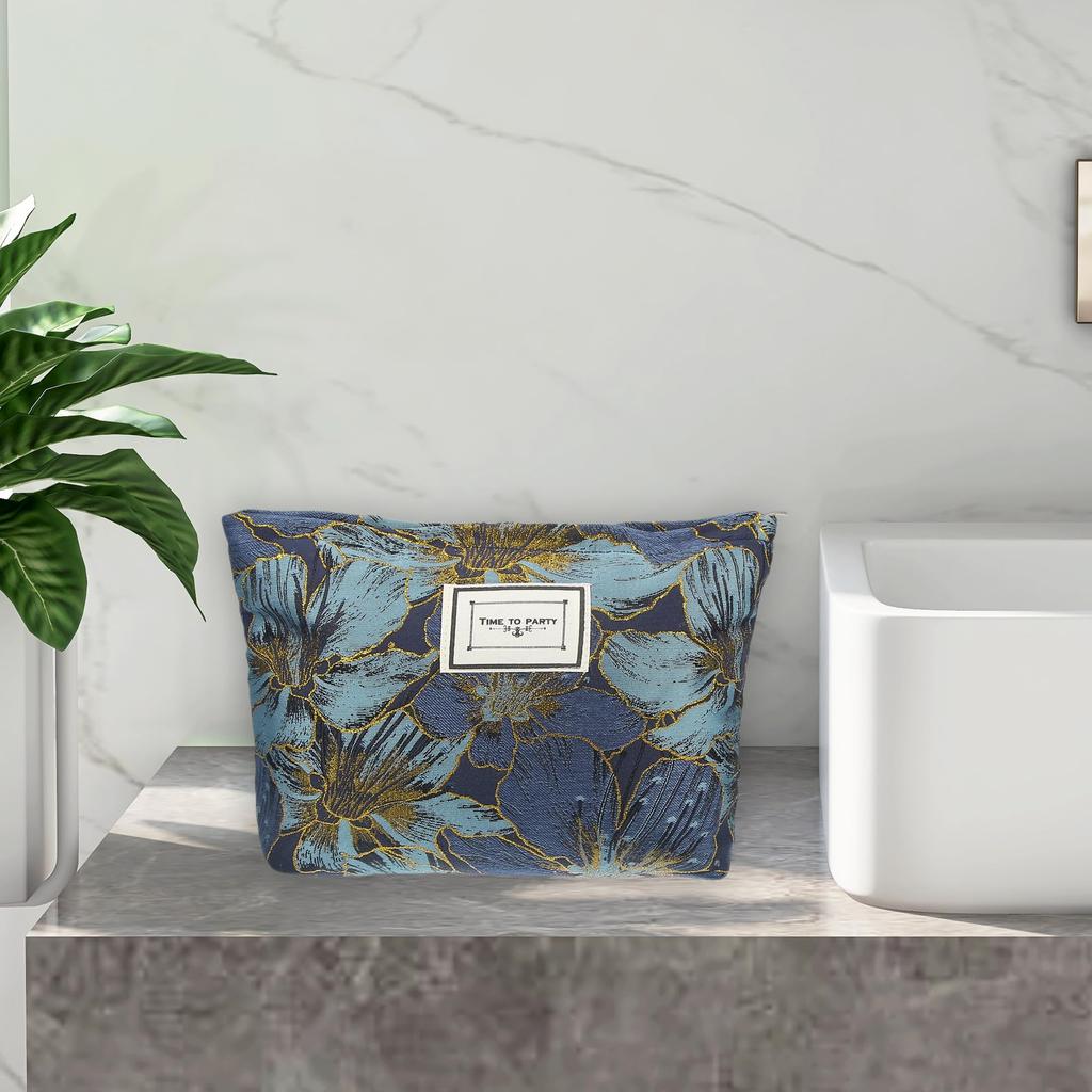 VOCOSTE Canvas Cosmetic Large for Coin and Deep Blue Pouch, Capacity, Women, Purse, Foundation, Lipstick, Brushes,