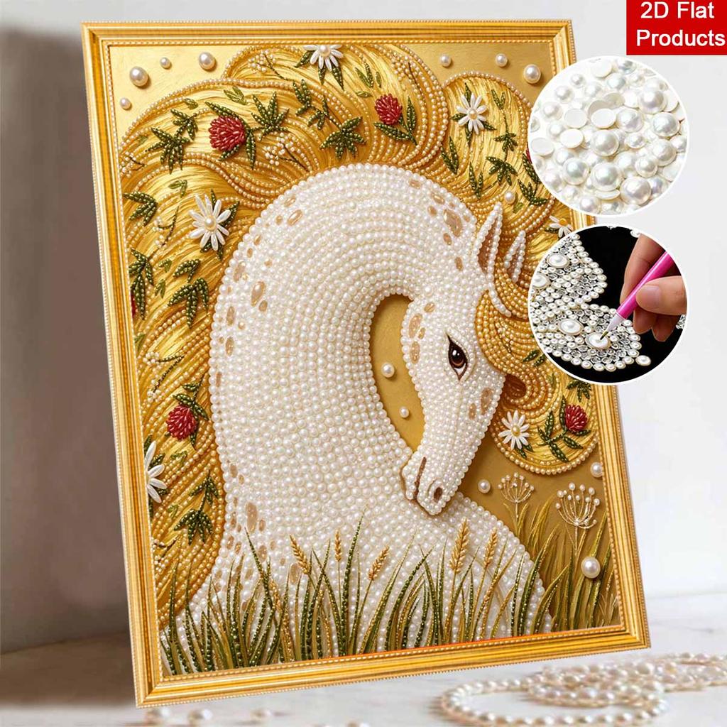 Relaxing DIY Pearl Painting Kit Framed with Elegant White Horse Design 5D Sparkling Bead Canvas Art Craft for Girls Bedroom Decor Gift