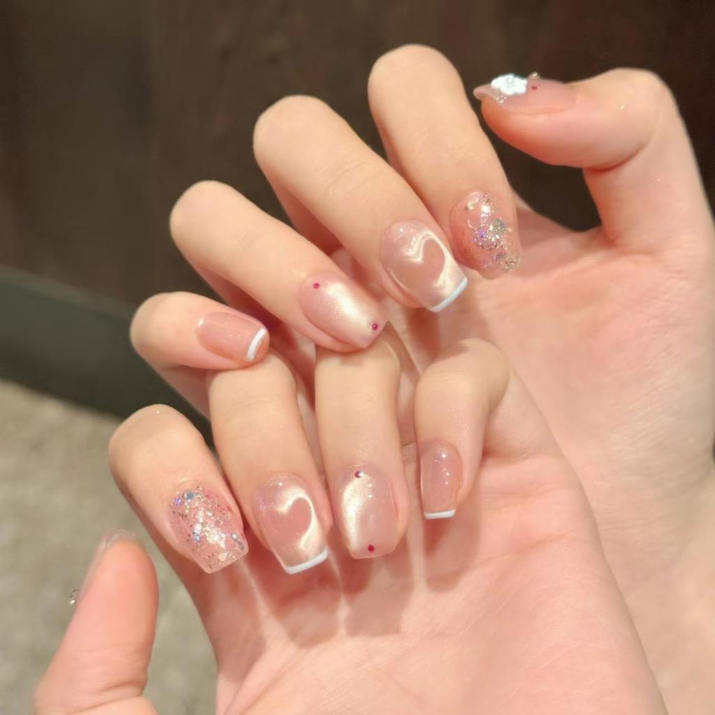 Light blue Qimeng three-dimensional French cat's eye sweet flower flash diamond polka point European and American ins wind removable manicure