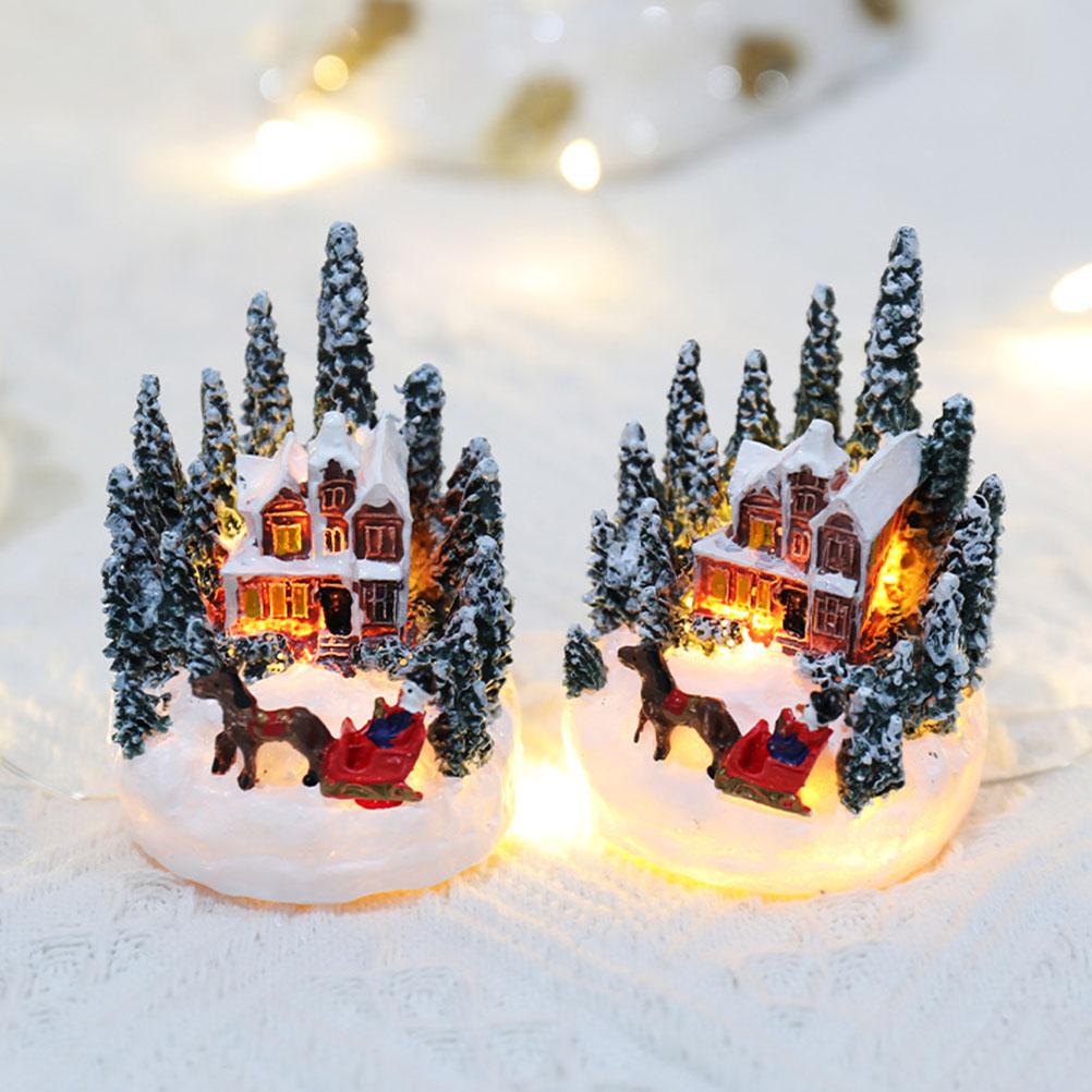 Decoraciones en miniatura para fiestas de Navidad, figuras de casa de pueblo navideñas, mesa de comedor luminosa para escritorio del hogar, manualidades de bricolaje, jardín de hadas